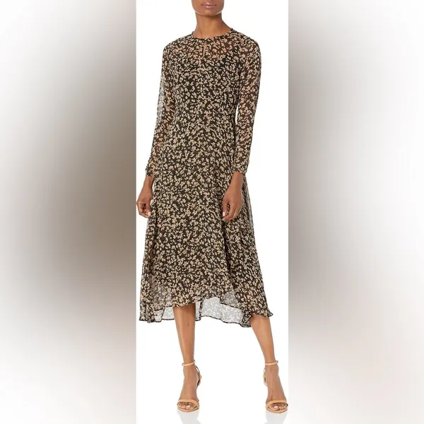 Tommy Hilfiger Crossover Hem Black Tan Floral Midi Dress‎ Sheer Chiffon Size 8 - Image 16