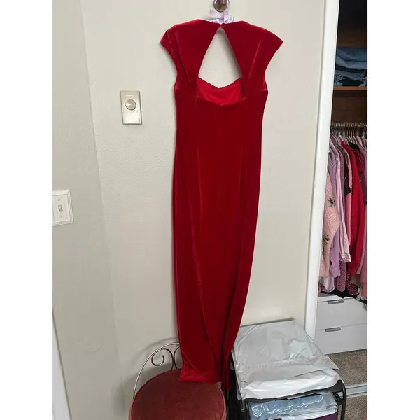 Vintage 90s Sz 4 Red Velvet Rhinestone Empire Waist Cap Sleeve Maxi Dress Gown - Image 11