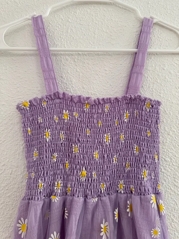 purple yellow daisy organza ruched summer sundress - Image 3