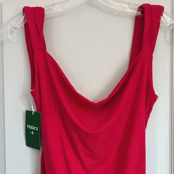 Halara Red Cowl Neck Open Back Ruched Asymmetrical‎ Mini Dress Medium NWT - Image 6