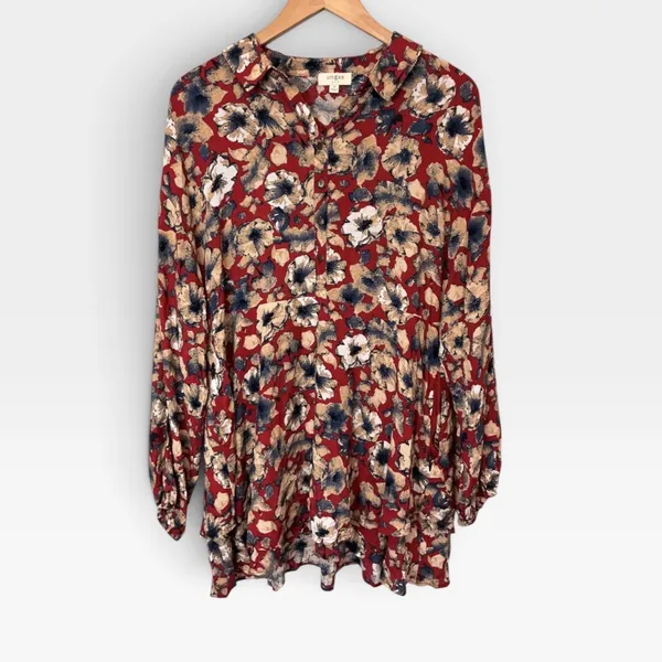 Umgee USA Floral Babydoll Tunic Top Burgundy Red Long Sleeve Size M G0315 - Image 2