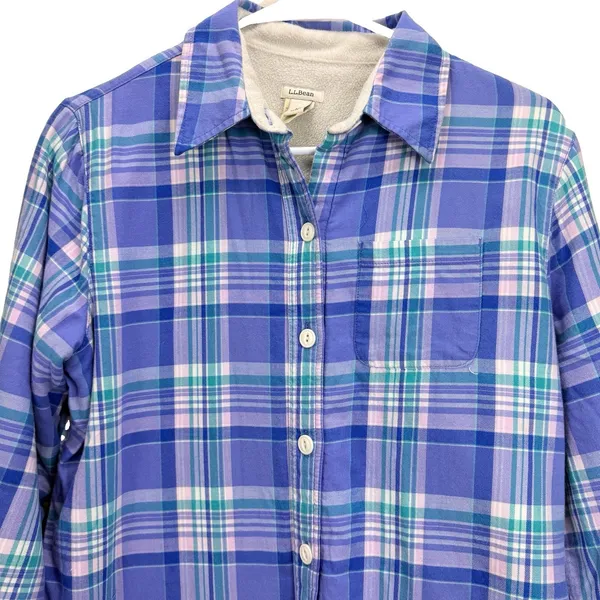 LL Bean Blue Plaid Fleece Lined Flannel Button Up Shirt Jacket Shacket Size XS - Image 3