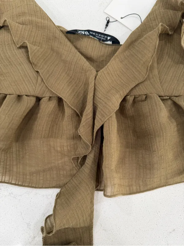Zara Olive Ruffle Tie-Front Camisole Top - Image 6