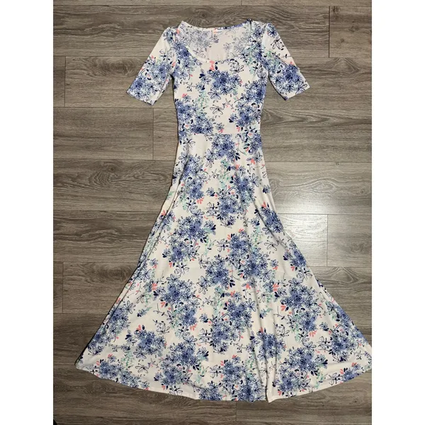 LuLaRoe Ana‎ Maxi Dress XS Blue Floral Short Sleeve Scoop Neck Cottagecore Boho - Image 14
