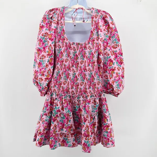 Love the Label M Audrey Smocked Pink Floral Puff Sleeve Tiered Ruffle Mini Dress - Image 6