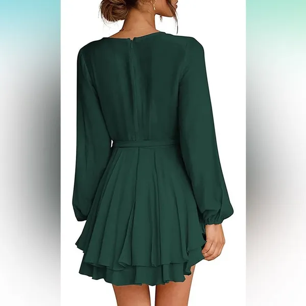 NEW Dress Deep V-Neck Long Sleeve Waist Tie Ruffle Mini Swing Green Medium - Image 4