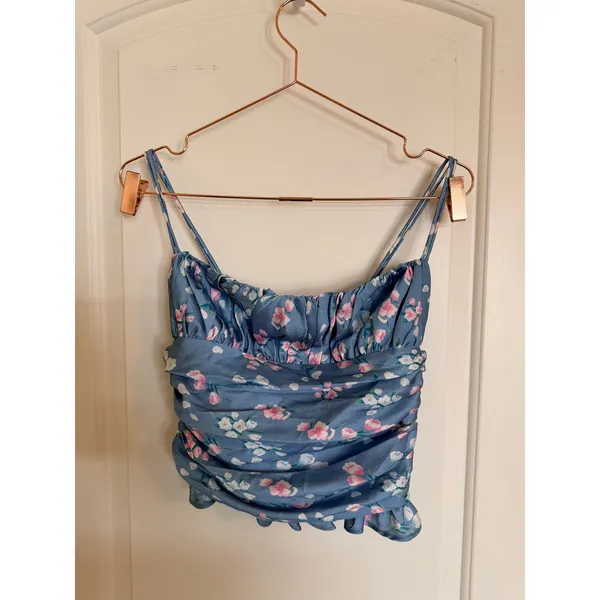 More To Come Floral Ruched Crop Top Womens Small‎ Blue Pink Cottagecore Cami - Image 2