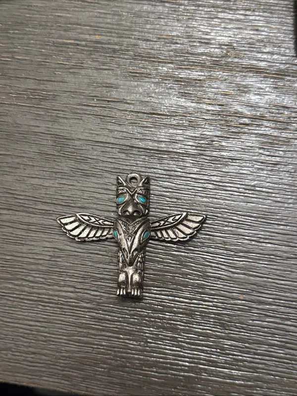 Vtg 70's MCM Stainless Steel Western Native Bird Totem Faux Turquoise Pendant - Image 3