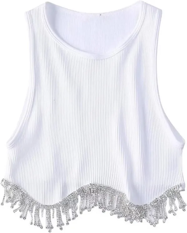 White Ribbed Rhinestone fringe Tank Top Medium Vital Life - Image 2