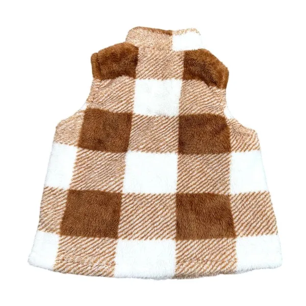 Women's Fuzzy Plaid Zip Up Vest in White/Brown, Size L​​ - Image 2