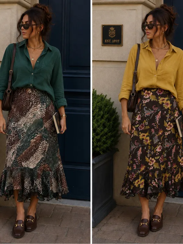 Reversible Floral Animal Midi Skirt 32” L Green Brown Fall Boho Indie Academia - Image 2