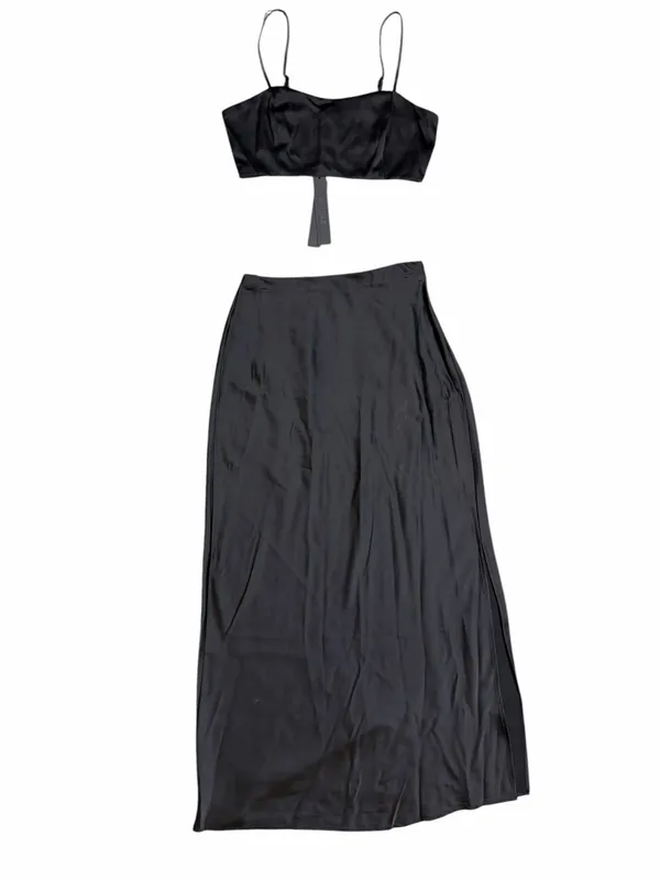 NWT House of Harlow 1960 Black Satin Crop Top Maxi Skirt 2 Piece Set Size Small - Image 4