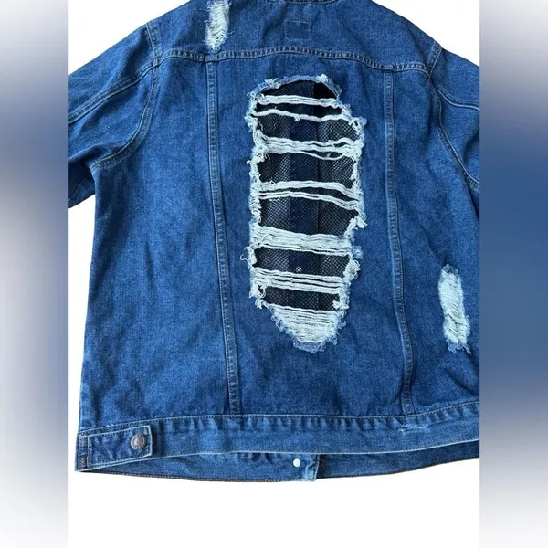 Boom Boom Jeans Distressed Denim Jacket Women’s XL Blue Net Detail - Image 6