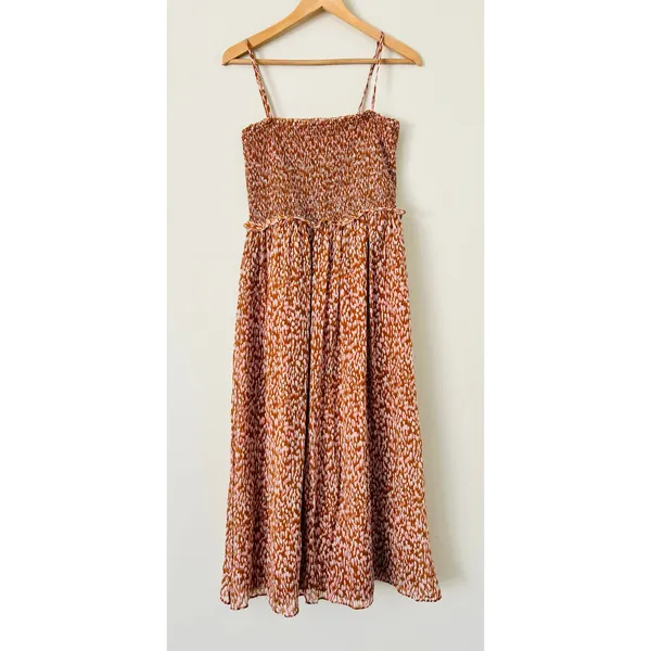 Joie Ambroise Copper Brown Women's Dress Summer A-Line‎ M Smocked Strappy Flowy - Image 3