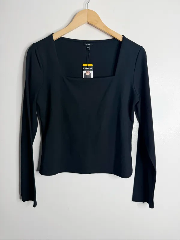 Express Black‎ Squareneck Top Womens Medium Long Sleeve Minimalist E0101533 - Image 2