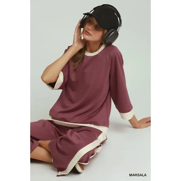 Umgee Colorblock Side Stripe Straight Pants - Marsala - Large - Image 3