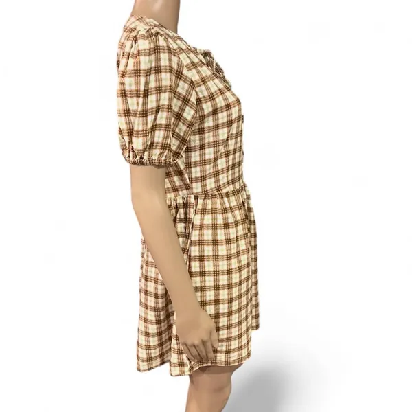Motel Plaid Puff Sleeve Tie-Front Dress Size S Brown & Green Check Cottagecore - Image 8
