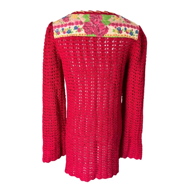 Free People Red Crochet Wool Tunic Top Floral Quilted Yoke Sz M Cottagecore Boho - Image 5