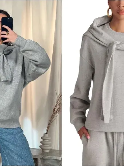 Women's Gray Crewneck Sweatshirt with Waist Tie - Image 4