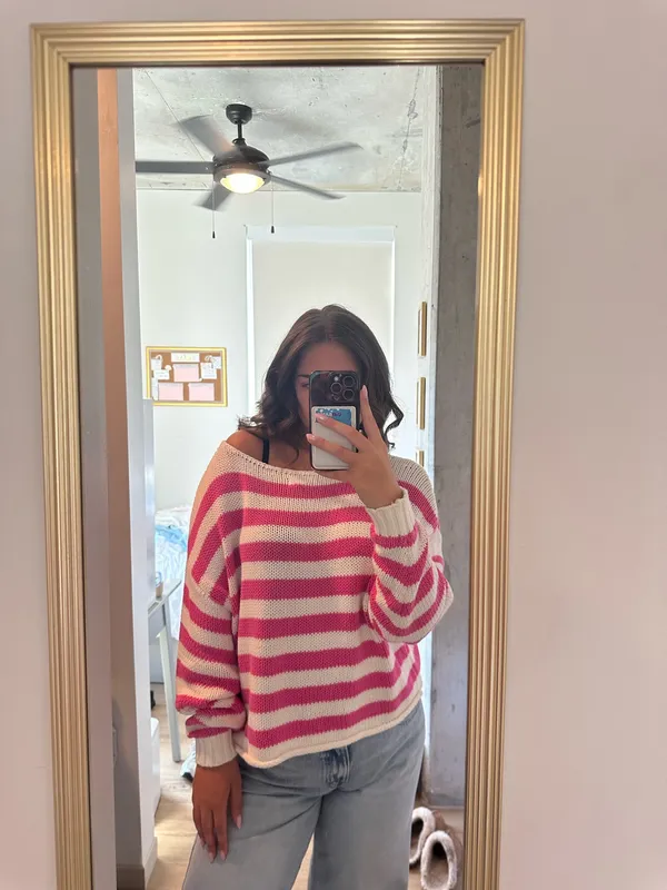 American Eagle Pink And White Striped Off The Shoulder Sweater - Image 2