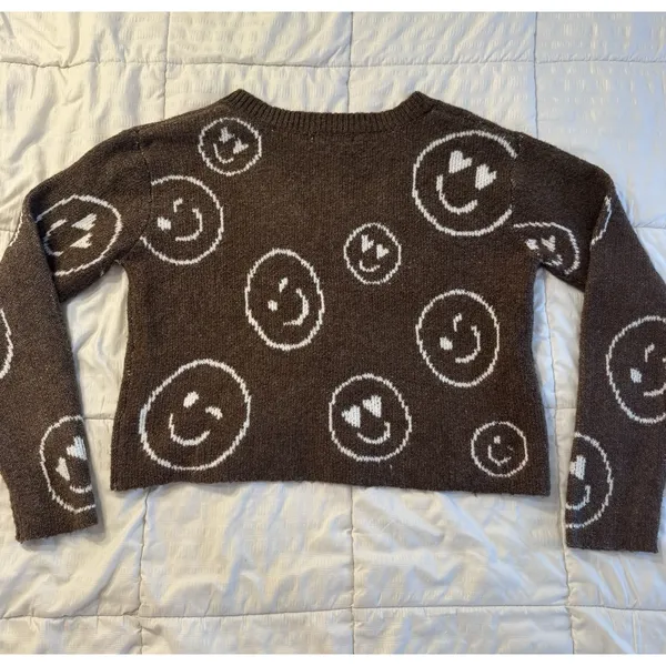 SO Brown V-Neck Sweater Knit Cozy Smiley Face Print Y2K 90s Grunge Kidcore Retro - Image 6