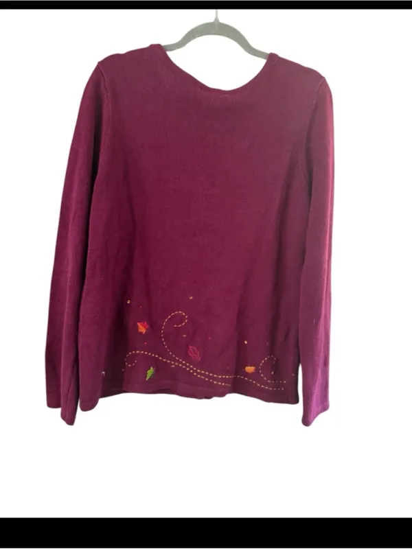 Christopher & Banks Maroon V-Neck Button Cardigan with Autumn Leaf Embroidery - Image 11