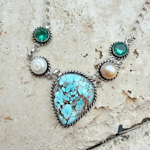 Large Turquoise Pearl Statement Necklace Sterling Silver Overlay - Image 2