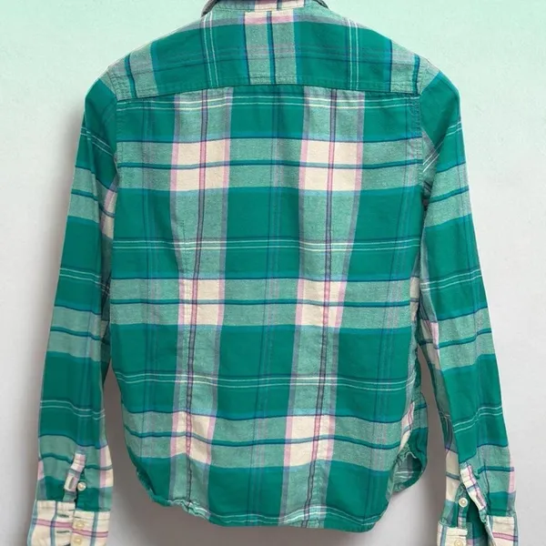 American Eagle Outfitters Green and Purple Plaid Button Down‎ Shirt Size Small - Image 2