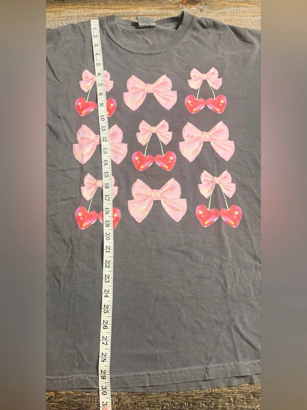 Comfort Colors Pepper Tee with Pink Bows and Red Cherry Graphics - Image 6