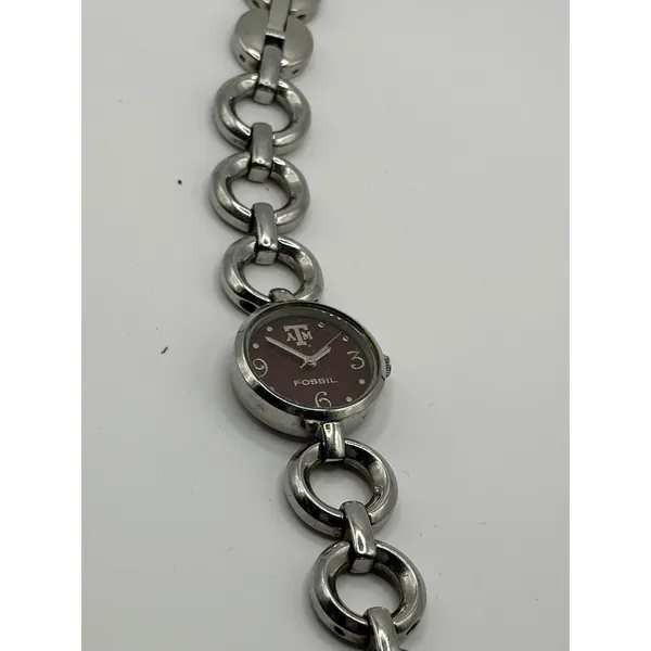 Fossil College Collection Texas A‎ & M Logo Maroon Face Silver Chain Watch - Image 8