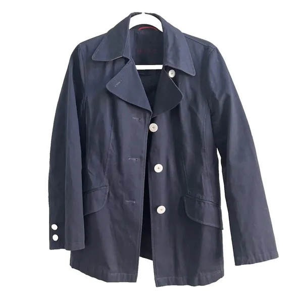 Bianca Studio Navy Blazer Trench Coat Cotton White Buttons Size 6 - Image 2