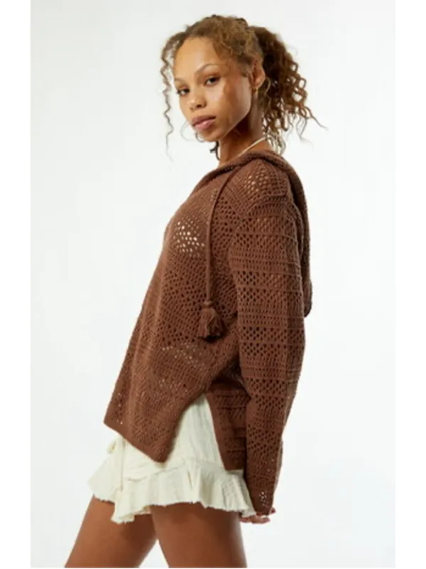 Roxy Hippie Love Open Knit Hooded Sweater Size L NWT (25” PTP) Mocha - Image 5
