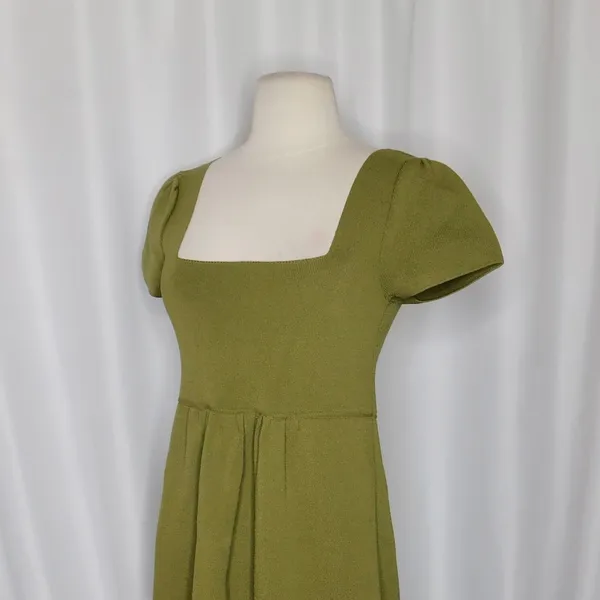 ZARA Squared Mini Babydoll Dress Puff Sleeves Solid Olive Green Knit Small - Image 6