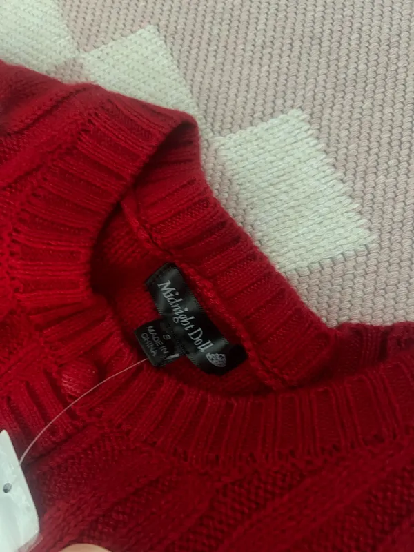 Midnight Doll Red Baby Pink Bow Coquette Open Knit Sweater Dress Winter Fall New - Image 3