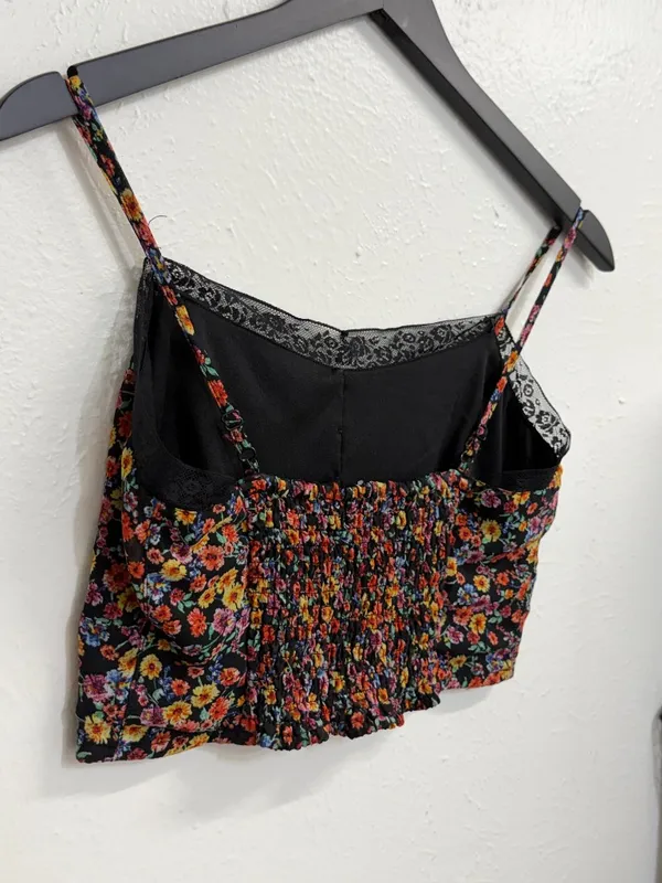 Papaya Floral Black Lace Trim Cami Crop Top Womens Small - Image 6