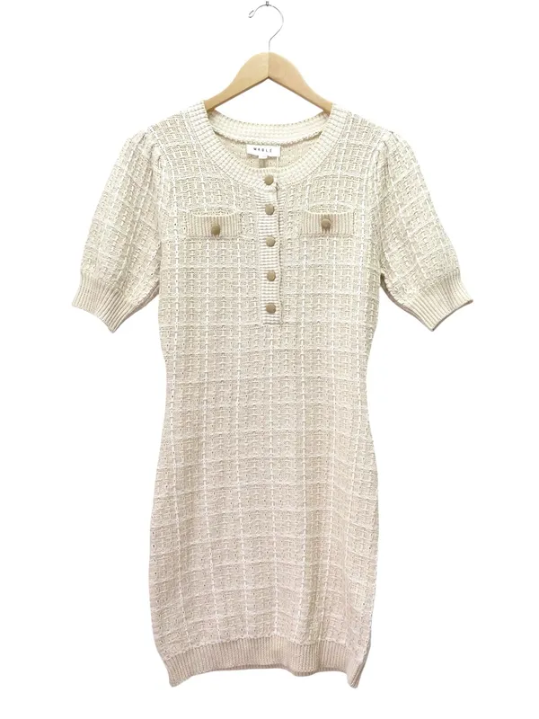 Mable x Petal + Pup Paige Mini Dress M Light Taupe Textured Knit Puff Sleeve - Image 2