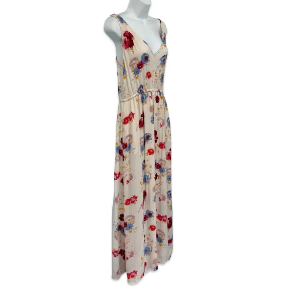 Lucky Brand Ivory Red Blue Floral Sleeveless Tie Waist V-Neck Maxi Dress size S - Image 9