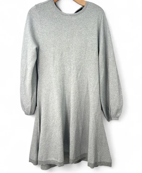 New J Crew L Knit Dress Sweater Metallic Silver Long Sleeve Mini Balloon Sleeve - Image 3