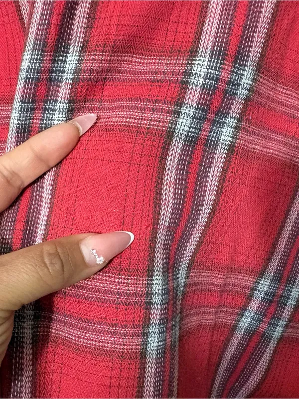 POL Red Plaid Lace Up Tunic Shirt Size L Boho Grunge Flannel Oversized Top - Image 15