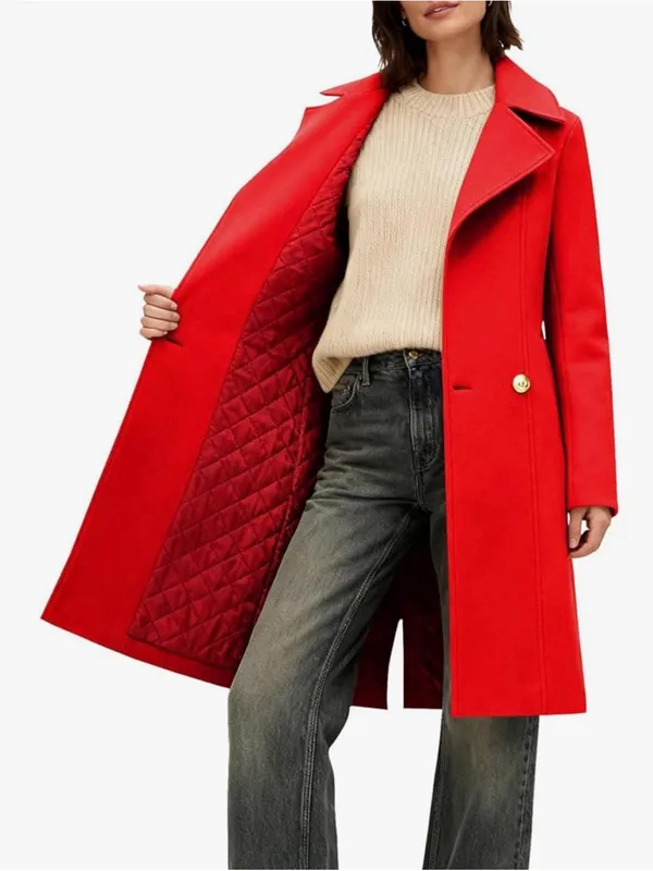 Women's Red Pea Coat Long Sleeve Regular Fit Overcoat Winter Outerwear AW5 - Image 4
