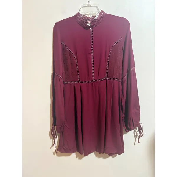 Sage The Label Mini Dress Womens S Burgundy Excellent Boho Lace Embroidered - Image 9