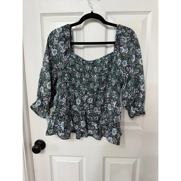 American Eagle Floral Smocked Peplum Top‎ Square Neck Puff Sleeve L - Image 7