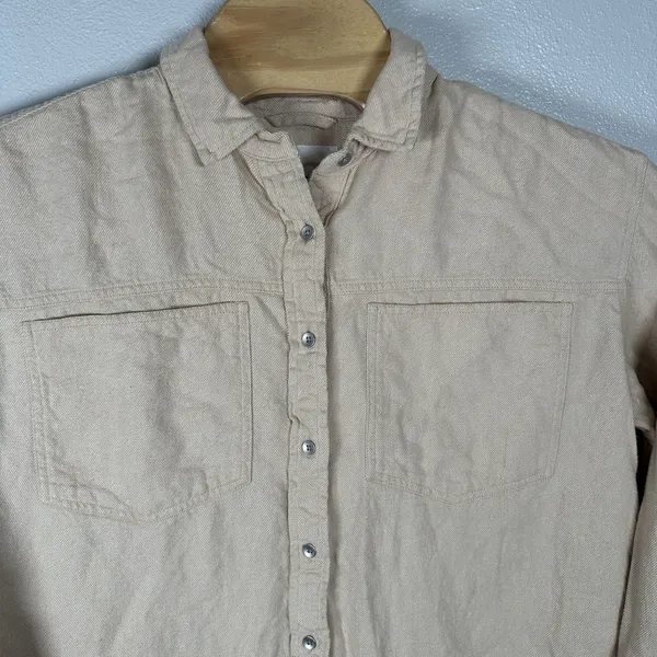 Aerie Flannel‎ Shirt Womens Size Small Oversized Metal Button Up Beige Cotton - Image 2