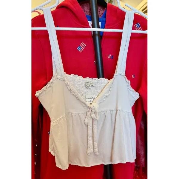 White‎ Smocked Babydoll Camisole Tie Front Ruffle Peplum Tank Top Cottagecore - Image 2