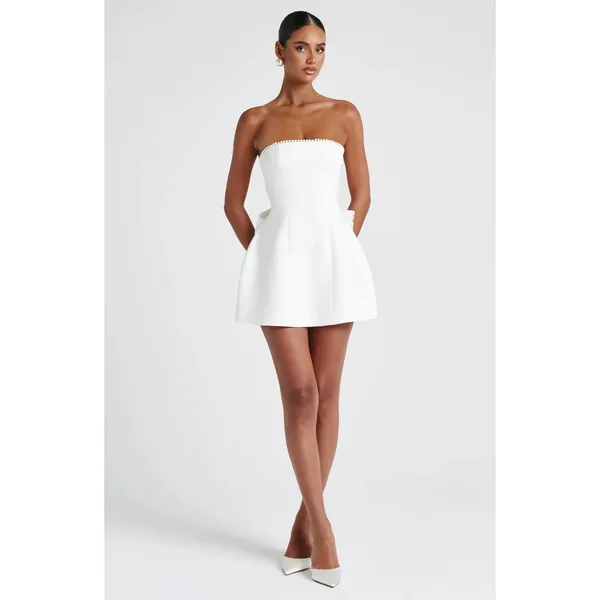 NWT Babyboo Suni Ivory Bow Pearl Trim Strapless Cocktail Mini Dress Women Size M - Image 4