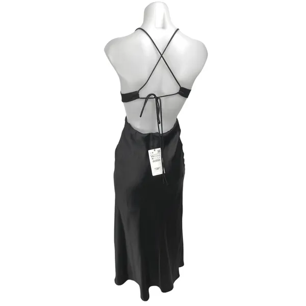 NEW Zara Black Silk Satin Sleeveless Cutout V Neck Strappy Midi Slip Dress Sz XS - Image 2