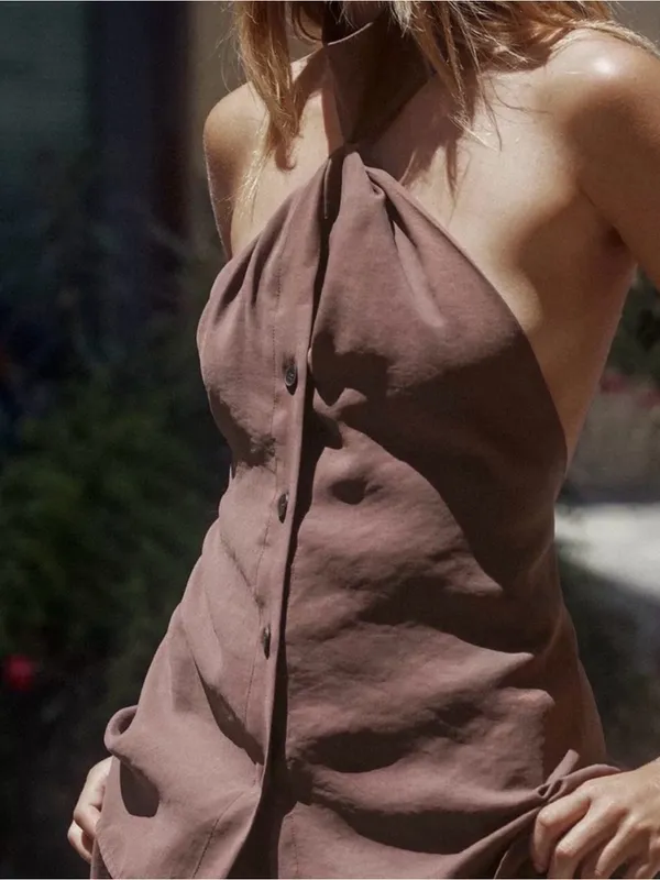 ZARA Women’s Brown Halter Neck Button-Front Top - Image 2