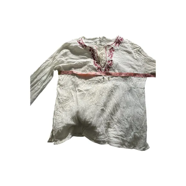 Vintage Ivory/Burgundy Embroidered Lace Up Peasant Crinkle Long Sleeve Top Boho - Image 6