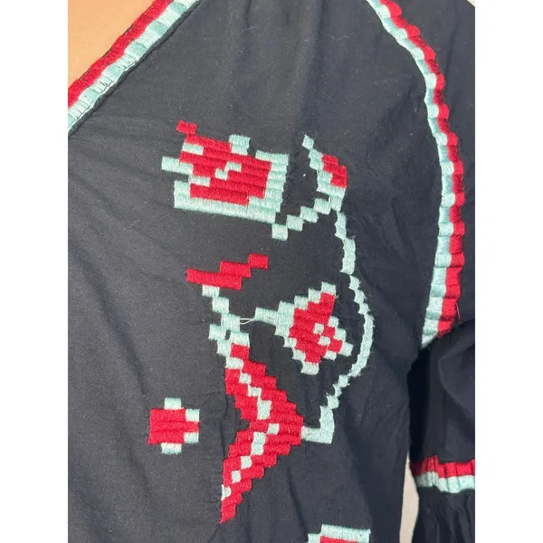 RD + Koko Embroidered Peasant Blouse Black Cotton Boho Folk Art Top Festival - Image 9