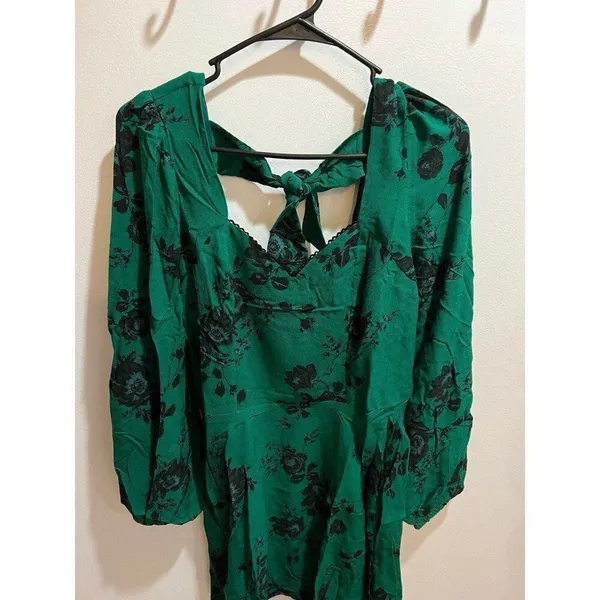 Anthropologie Band of Free NWT Women Medium Green Black Floral Mini Dress Fall - Image 3